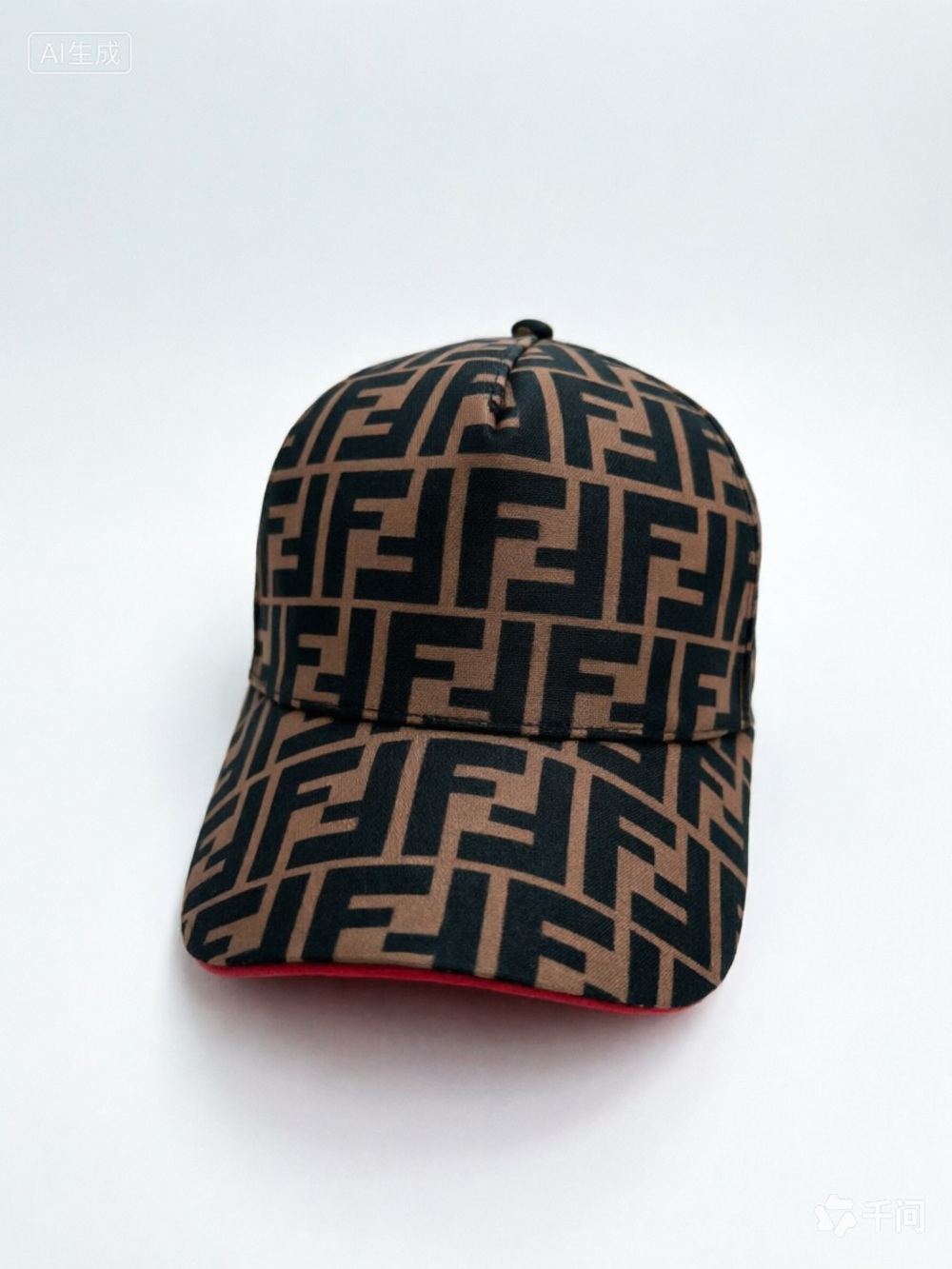 Fendi Black and Brown FF Monogram Baseball Cap with Red Trim